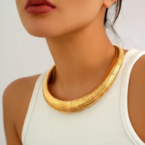 Chunky Twisted Torque Necklace, Gold Silver Choker, Large Statement Necklace, Collar Necklace, Statement Jewelry, Thick Choker Gold