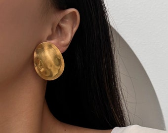 Gold Oval Earrings, Big Flat Circle Earrings, Statement Jewelry for Her, Vintage Jewelry, Large Geometric Disc Earrings