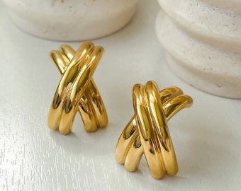 Large Gold Crisscross "X" Earrings, Vintage Studs, Chunky Statement Earrings, 1990s Earrings, Oversized Designer Dupe Earrings, Gift for Her