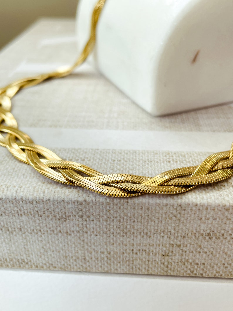 Gold Braided Collar Necklace, Big Gold Twisted Herringbone Necklace, Vintage Necklace, 90s Jewelry for Women, Chunky Choker, Gift for Her image 7