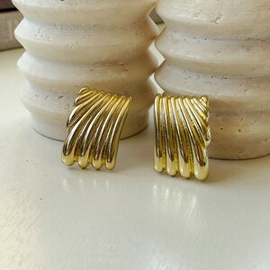 Gold Chunky Square Stud Earrings For Women - Geometric Textured Vintage Statement Jewelry, 18k Gold Plated - View #12