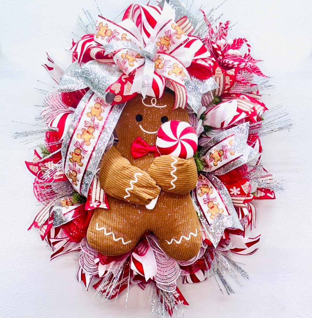 Christmas Gingerbread BOY Wreath | Candy Cane Holiday Evergreen | Red ...