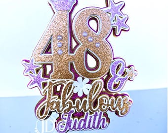 Adorno personalizado para tarta de 48 cumpleaños, con nombre y edad en purpurina, decoración 3D de cartulina.