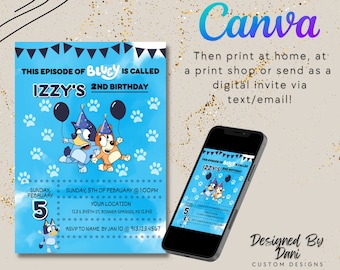 CANVA invite template, Bluey Birthday Invitation,Blue Kids invitation,Digital Invite,Rainbow Bluey Digital Invitation,Boys birthday Invite