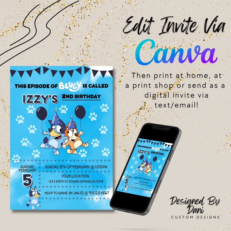 CANVA Invite Template Bluey Birthday Invitationblue Kids Etsy
