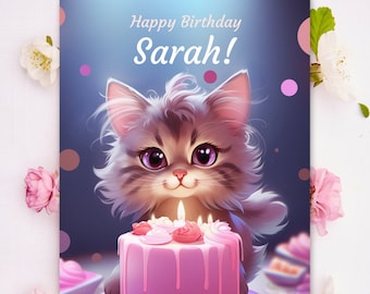 Kitty Birthday Card, Personalized, Custom Name