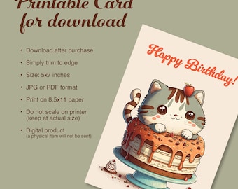 Kitty On Cake Birthday Card: Printable 5x7 (Digital Download)