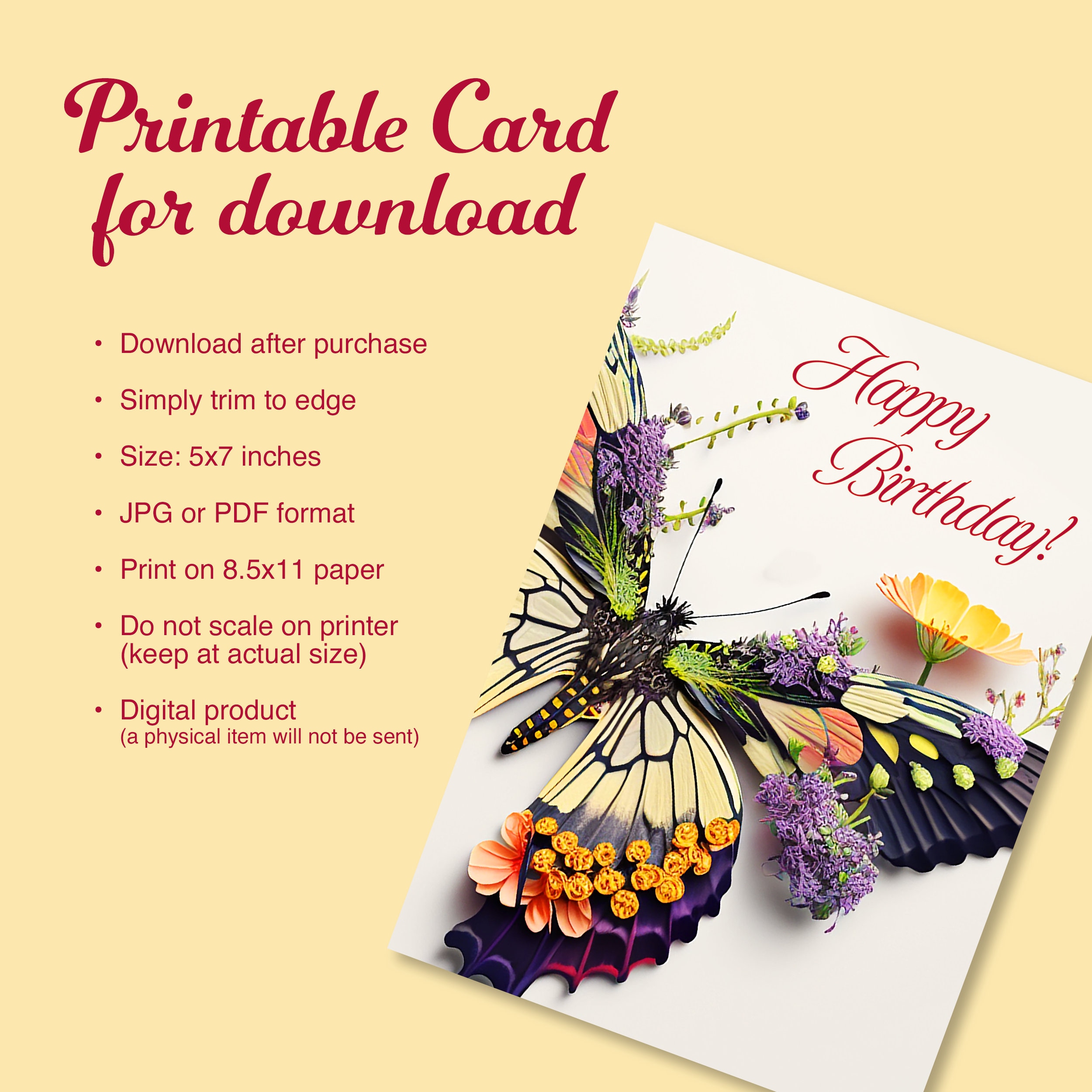 Butterfly With Flowers 5"x7" Digital Birthday Card - Etsy
