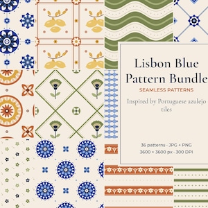May include: A digital collection of seamless patterns titled Lisbon Blue Pattern Bundle, featuring various geometric, floral, and wave designs in blue, green, orange, and cream. The text reads Lisbon Blue Pattern Bundle, 36 patterns, JPG + PNG, 3600 x 3600 px, 300 DPI.