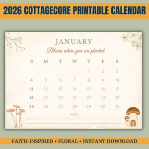 Calendario Cottagecore 2026 imprimible, planificador mensual con estética floral y religiosa, PDF, seguimiento de hábitos, tarjetas de reflexión y citas adicionales.