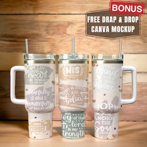 May include: Three stainless steel tumblers with inspirational quotes and scripture verses. The tumblers are white with gold accents and feature a variety of designs, including brushstrokes, hearts, and stars. The tumblers are all topped with clear lids and have straws.