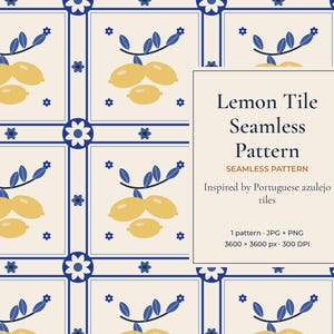 May include: A seamless pattern featuring yellow lemons and blue leaves on a cream background, organized in a grid of square tiles with blue floral accents. Text reads: Lemon Tile Seamless Pattern, SEAMLESS PATTERN, Inspired by Portuguese azulejo tiles, 1 pattern JPG + PNG, 3600 x 3600 px 300 DPI.