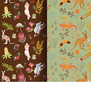 Può includere: Due motivi senza cuciture con flora e fauna australiane. Un motivo su sfondo marrone con canguri, emù, cacatua, koala e fiori. L'altro motivo è su sfondo verde con canguri, lucertole, boomerang e didgeridoo.