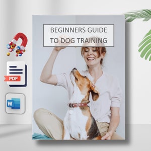 May include: A woman in a white shirt is training a dog. The dog is a beagle and is looking up at the woman. The text on the cover of the book says "Beginners Guide to Dog Training".