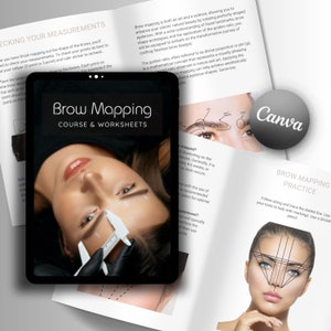 May include: A digital tablet displaying a course on brow mapping with a woman's face on the screen. The course title is "Brow Mapping Course & Worksheets". The tablet is on a white surface with a printed page showing a diagram of a face with brow mapping lines.