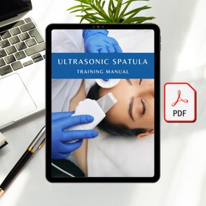 May include: A white ultrasonic spatula with a blue glove holding it, being used on a person's face. The image is from a training manual for the ultrasonic spatula.