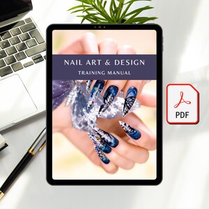 May include: A digital tablet displaying a training manual for nail art and design. The cover features a close-up of a hand with long, colorful nails decorated with butterfly designs.
