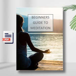 Peut inclure: Un guide PDF intitulé "Guide du débutant à la méditation" avec la silhouette d'une personne méditant sur une jetée en bois surplombant un lac au coucher du soleil.