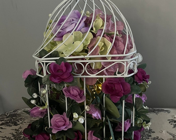 Picture of Bird Cage With Purple Flowers and Fairy Lights - Etsy