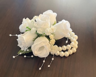 White Rose Wrist Corsage: Pearl Bracelet, Baby's Breath