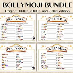 Può includere: Un gioco stampabile con quattro sezioni, ciascuna intitolata "Bollymoji" e con un decennio diverso di film di Bollywood. Ogni sezione ha 20 righe con emoji e uno spazio per scrivere il nome del film.