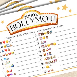 以下が含まれることがあります： 「2000's BOLLYMOJI」というタイトルと「絵文字に基づいて2000年代のボリウッド映画を当ててください」という指示が書かれた印刷可能なゲームシート。シートには、絵文字が各番号の横に書かれた20行の番号が付けられています。