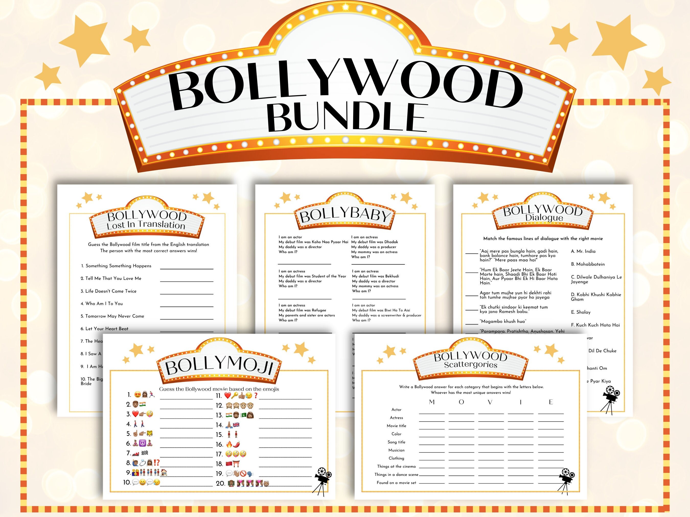 Bollywood Games Bundle, Bollywood Trivia Games, Printable Bollywood