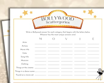 Bollywood Scattergories, Bollywood Trivia Game, Bollywood Party Game