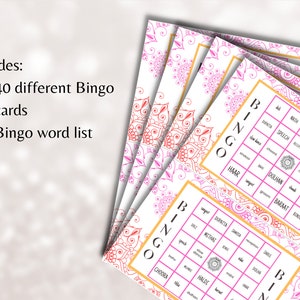 K&ouml;nnte beinhalten: Ein Set mit 40 pinkfarbenen und goldenen Bingokarten mit einem Mandala-Design. Die Karten enthalten W&ouml;rter wie "Nath", "Speech", "Reception", "Munde", "Slow Dance", "Choora", "Sarisa", "Sindoor", "Dulhan", "Haar", "Sanpet", "Greem", "Baraat", "Dupatta", "Samisa", "Sarse", "Methaas", "Dulha", "Pesk", "Haldi", "Choora", "Dulhan" und "BINGO".