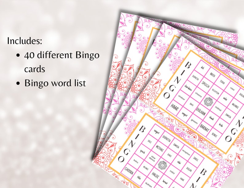 K&ouml;nnte beinhalten: Ein Set mit 40 pinkfarbenen und goldenen Bingokarten mit einem Mandala-Design. Die Karten enthalten W&ouml;rter wie "Nath", "Speech", "Reception", "Munde", "Slow Dance", "Choora", "Sarisa", "Sindoor", "Dulhan", "Haar", "Sanpet", "Greem", "Baraat", "Dupatta", "Samisa", "Sarse", "Methaas", "Dulha", "Pesk", "Haldi", "Choora", "Dulhan" und "BINGO".