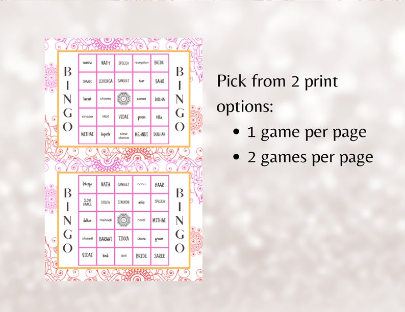 K&ouml;nnte beinhalten: Zwei druckbare Bingokarten mit einem pinkfarbenen und goldenen Mandala-Design. Jede Karte hat ein freies Feld in der Mitte und 24 Felder mit W&ouml;rtern, die mit einer indischen Hochzeit zu tun haben. Der Text unter den Karten lautet "W&auml;hlen Sie aus 2 Druckoptionen: 1 Spiel pro Seite, 2 Spiele pro Seite."