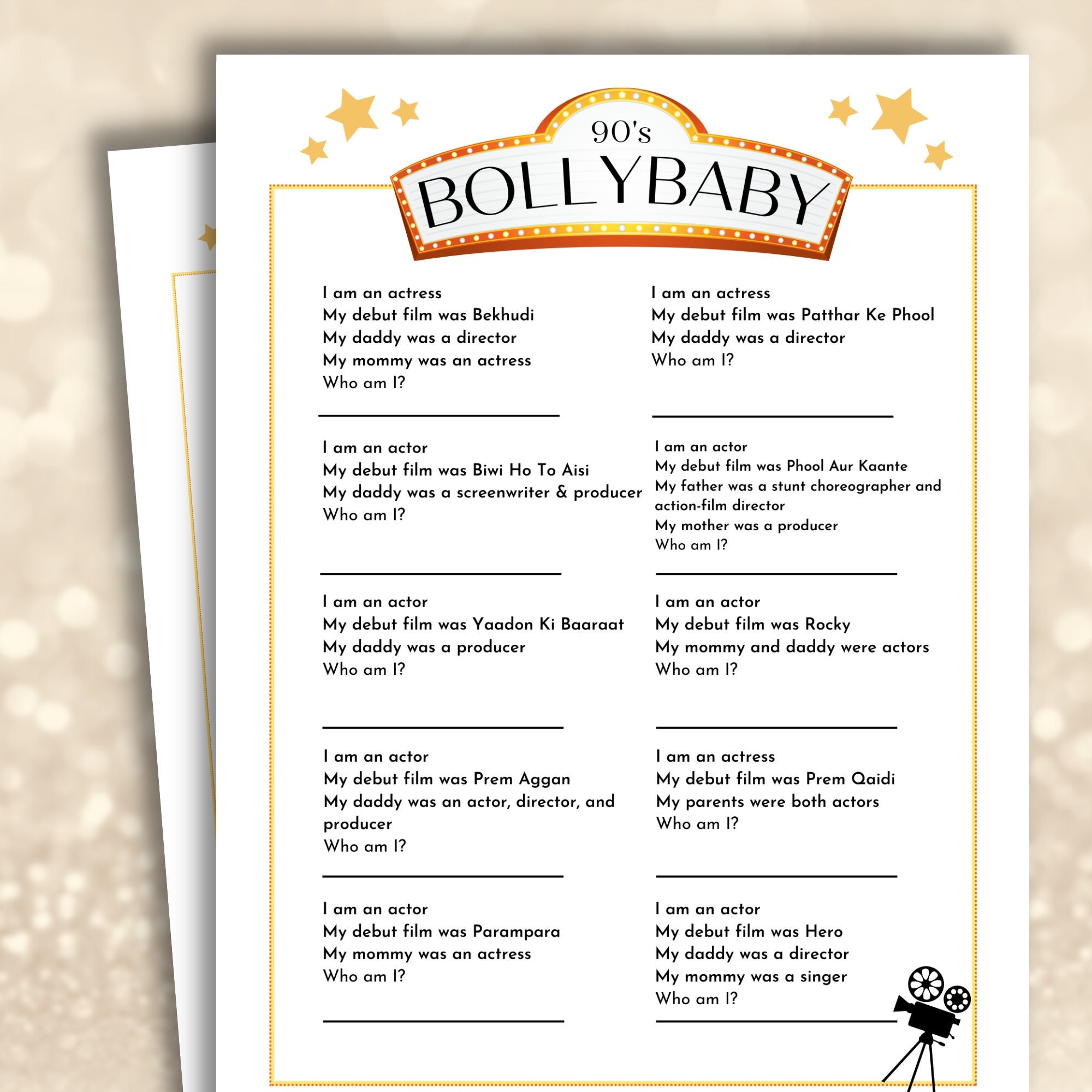 Bollywood Trivia Game, 90's Nepo Babies Game, Indian Celebrity Game, Printable
