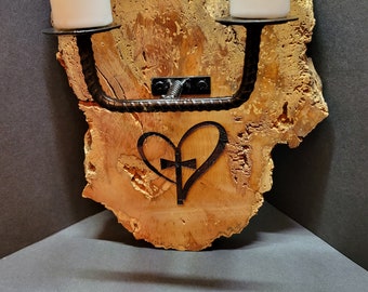Heart and Cross Unique Natural Wood Votive Holder