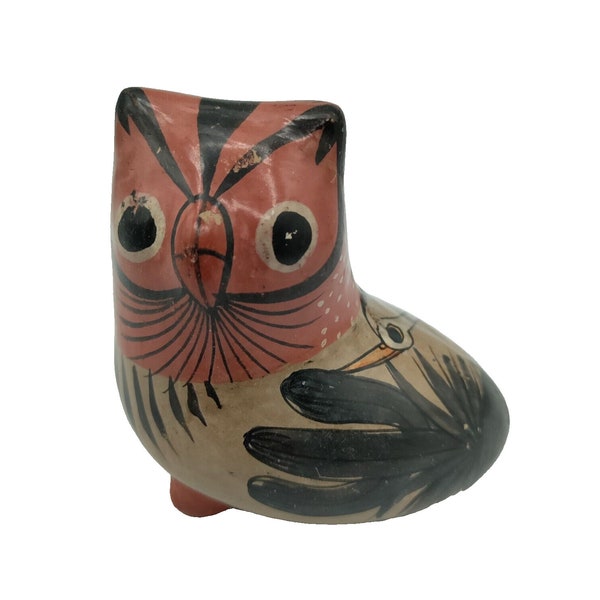 Vintage Tonal Burnished Clay Pottery Folk Art Owl with Bird Primitive Art Mexico