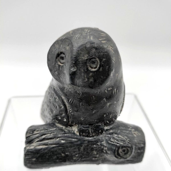 Vintage Wolf Original Soapstone Carving Owl on a Log Black Small Canada