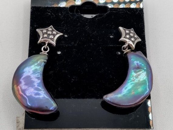 Iridescent Moon and Stars 925 Silver Post Earring… - image 1