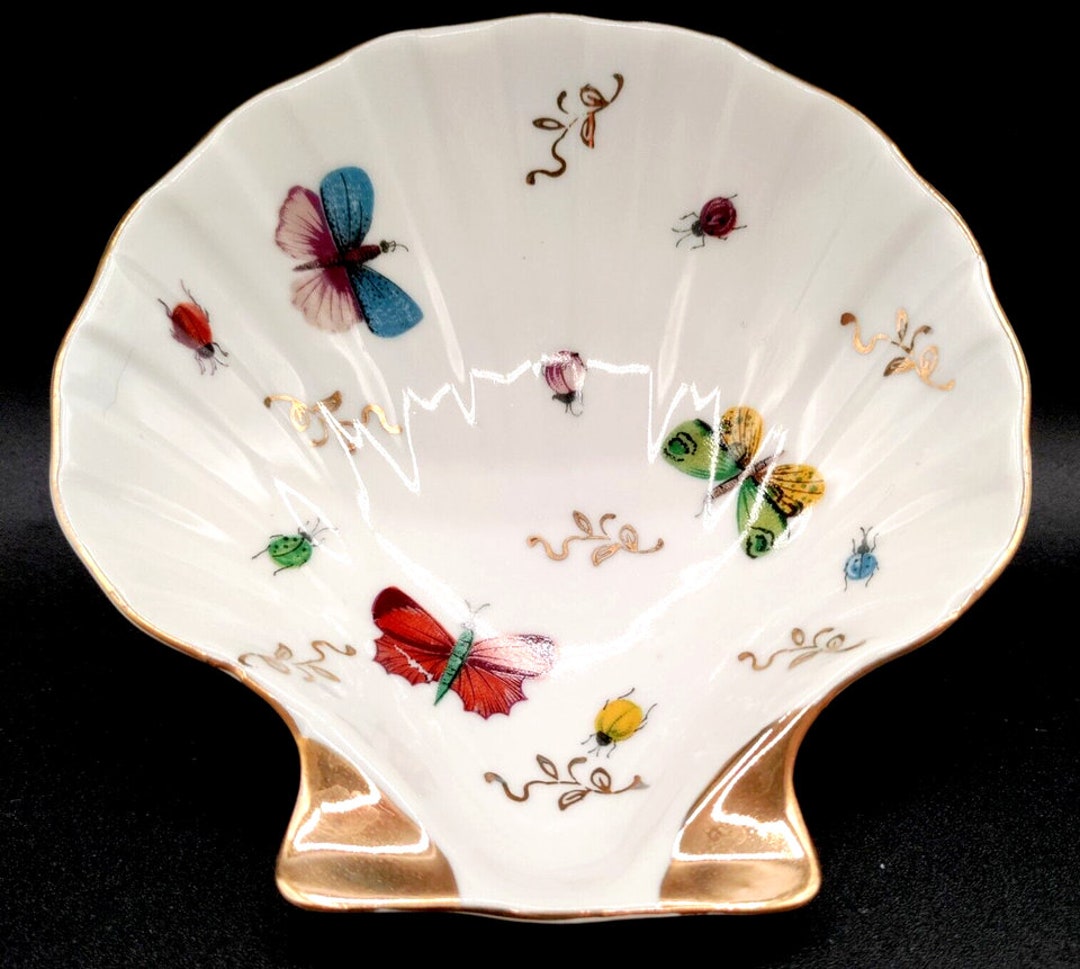 Porcelain Scallop Seashell Dish Butterflies & Bugs Gold Tip Lenwile ...
