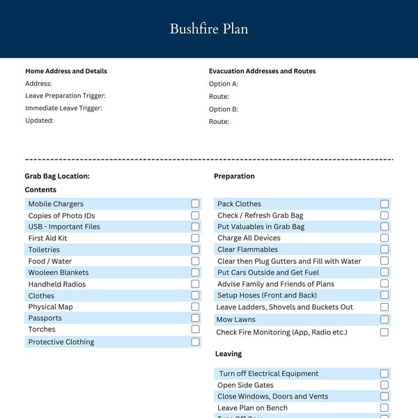 Bushfire Plan (Downloadable Readymade and Customisable Checklists)