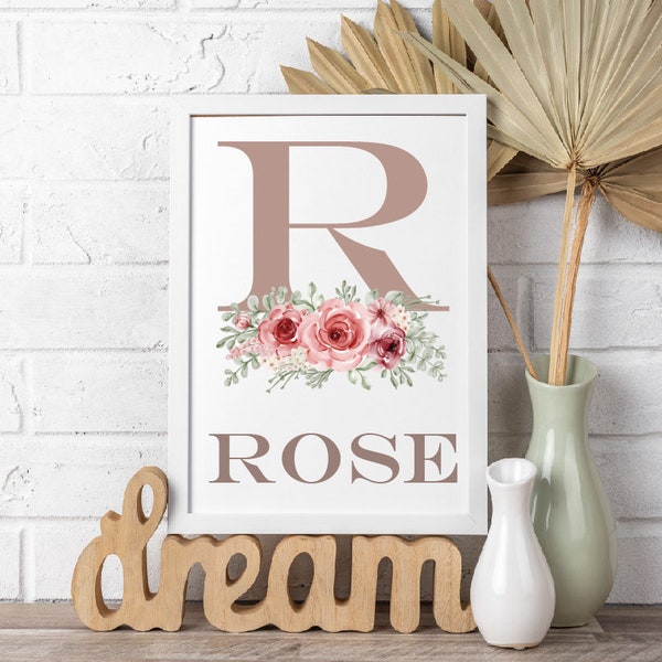 Floral initial name printable in dusty pink (any name in 30 minutes)