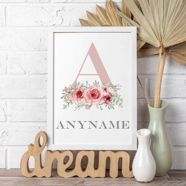 Floral initial name printable in light pink (any name in 30 minutes)