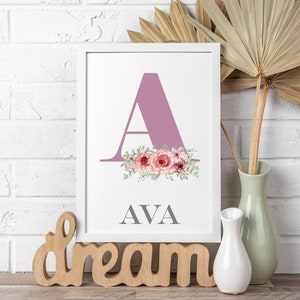 Affiche de nom Ava - imprimable florale pour la chambre de bébé ou la chambre à coucher