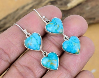 Handmade Kingman Turquoise Heart Earrings: Sterling Silver Dangle