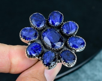 Blue Sapphire 925 Sterling Silver Gemstone Handmade Jewelry Flower Ring