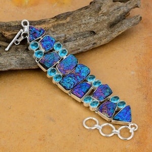 Blue Titanium Druzy, Blue Topaz Gemstone Handmade 925 Sterling Silver Bracelet 925 Stamped Gemstone Titanium Druzy Horse Bracelet For Gift