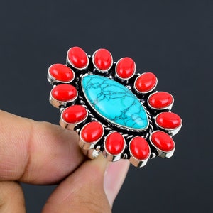 Italian red coral,Turquoise 925 Sterling Silver Gemstone Handmade Jewelry Ring | Sterling Silver Ring | Statement Ring | Gift For Mom