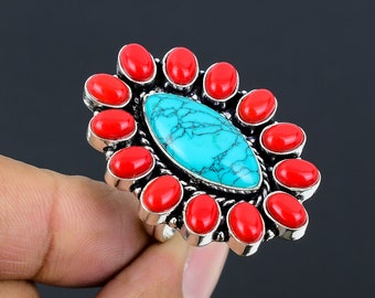 Italian red coral,Turquoise 925 Sterling Silver Gemstone Handmade Jewelry Ring | Sterling Silver Ring | Statement Ring | Gift For Mom