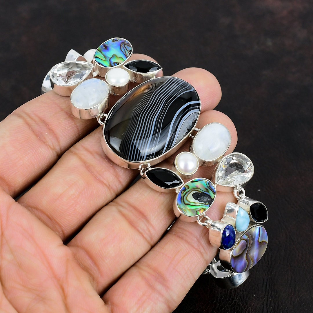Handmade Banded Agate Moonstone Bracelet: 925 Sterling Silver - Etsy