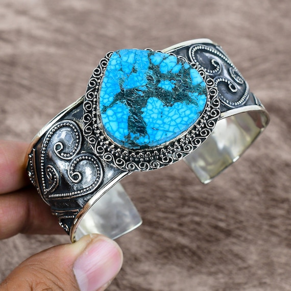 Bracelet Manchette Réglable En Argent Sterling 925 Avec Turquoise - Fait Main, Pierre Naturelle