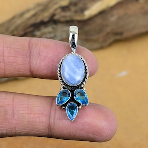 Blue Lace Agate,Blue Topaz | Gemstone Handmade 925 Sterling Silver Jewelry Pendant | Gift Pendant | Blue Lace Agate Pendant | Gift For Love