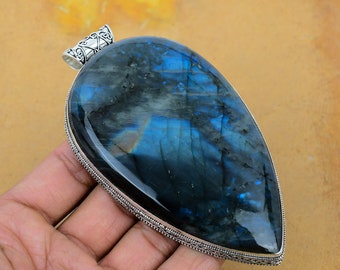 Giant Size Natural Fire Labradorite | Gemstone Handmade 925 Sterling Silver Jewelry Pendant | Gift Pendant | Labradorite Pendant | For Gift